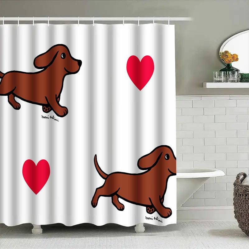 Whimsical Dog Lover Shower Curtain Red Hearts And Cute Canine Prints For Bathroom Decor Perfect Gift Idea