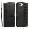 For iPhone 16e Leather Case Wallet Stand Grids Imprinted Phone Cover with Strap