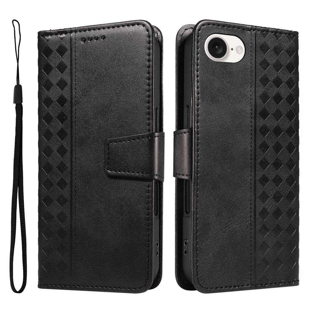 For iPhone 16e Leather Case Wallet Stand Grids Imprinted Phone Cover with Strap