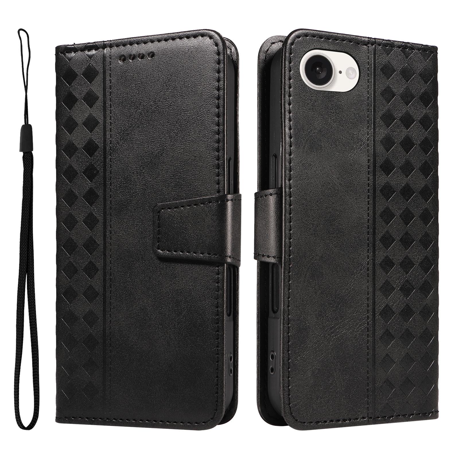 

For iPhone 16e Leather Case Wallet Stand Grids Imprinted Phone Cover with Strap Black