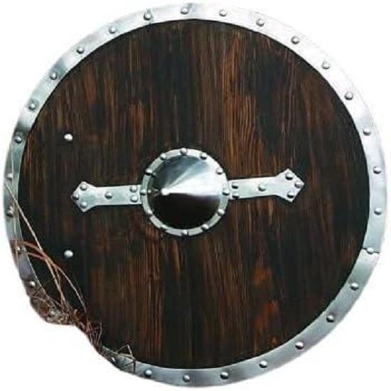 Medieval Viking Shield  Dark Brown Steel  Wood Battle-Ready Design for LARP, Reenactment, Cosplay, or Decorative Display
