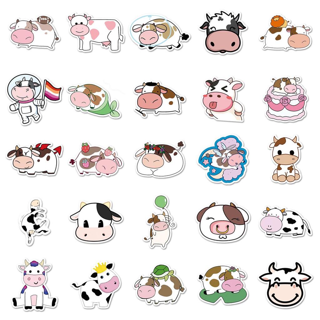 50pcs Cute Cow Stickers for Kids - Cartoon Animal Waterproof Decals for Diary, Laptop, Suitcase, and Fridge Decoration.