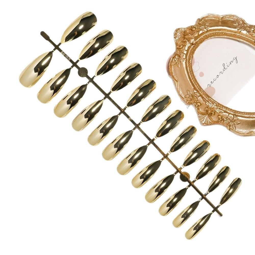Gold Long Almond Fake Nails Finished Mirror Surface False Nails Detachable Press on Nails Nail Art
