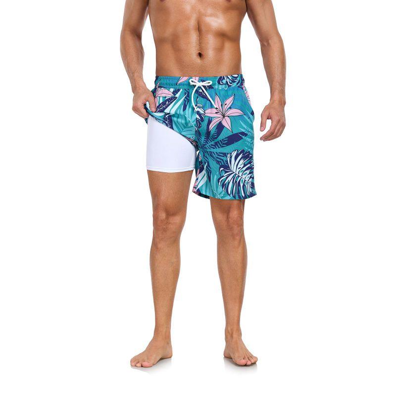 Men's Double-Layer Printed Beach Shorts Drawstring Swim Trunks