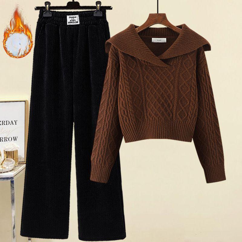 Women's Winter Sweater Suit - Velvet-Added Casual Wide-Leg Pants Two-Piece Set