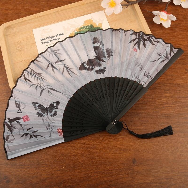 1pc Chinese Style Bamboo Folding Fan Butterfly Pattern Hand Fan With Tassel For Wedding Dance Party Home Decor