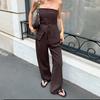Spring and summer dark brown retro style tube top design feeling off-the-shoulder lace-up top trousers two-piece set European and American fashion