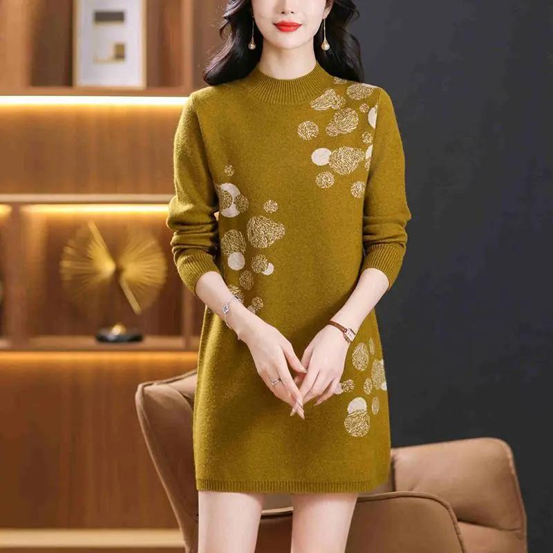 Kleid für Frau Baumwolle Winter Warm Rundhals Langarm Vintage Lässig Bedruckt Lang Stretch Strickpulloverkleider