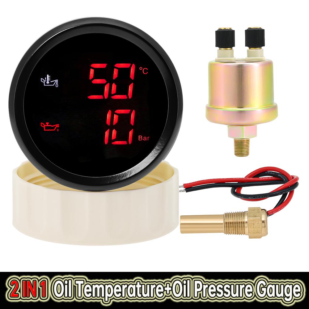 2 IN 1 Oil Temperature+Oil Pressure Gauge with Sensor Digital Display Red/Green Car Gauge Backlight for Marine Boat Car 9-32V