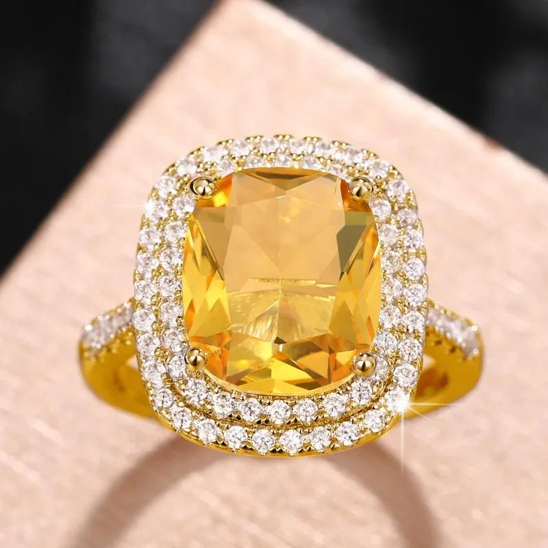 Neues Design Gelber Kristall Zirkonia Quadratischer Stein Damenring Hochzeitszeremonie Party Fingerzubehör Persönlicher Schmuck