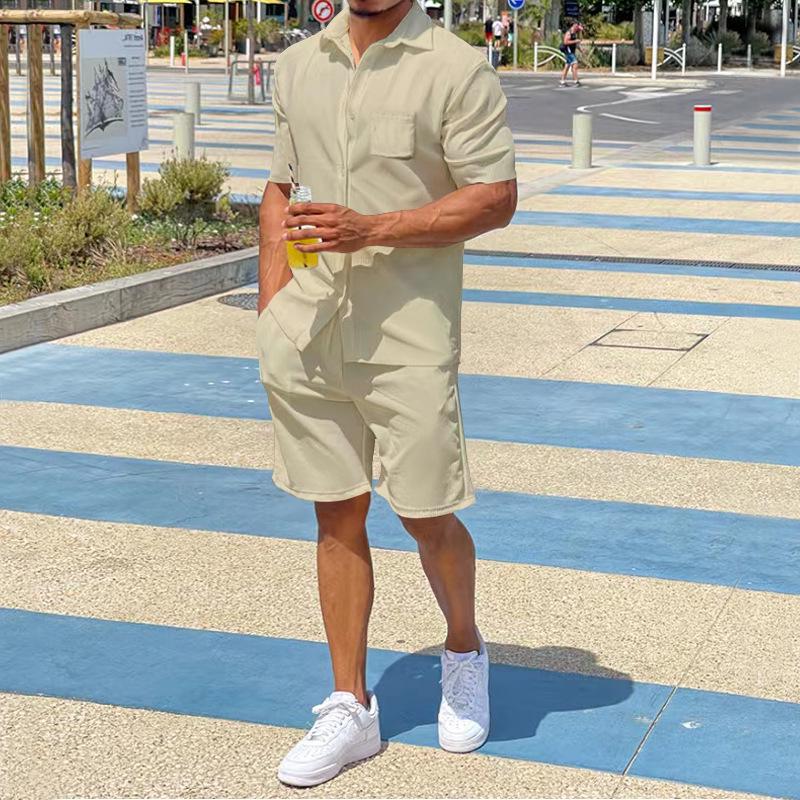 

2023 Men s Solid Color Linen Summer Shorts and Short-Sleeved Shirt Set 2XL хаки