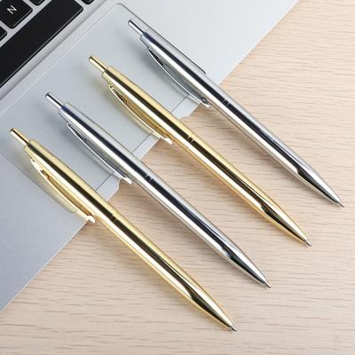 Caneta Esferográfica de Metal Aço Inoxidável Estilo de Pressão 0,7mm Tinta Azul Preta Material Escolar Prata Dourada Canetas