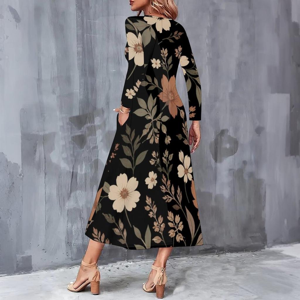 Women Plus Size Black Floral Printed Long Sleeve Round Neck A Line Midi Dress With Pockets