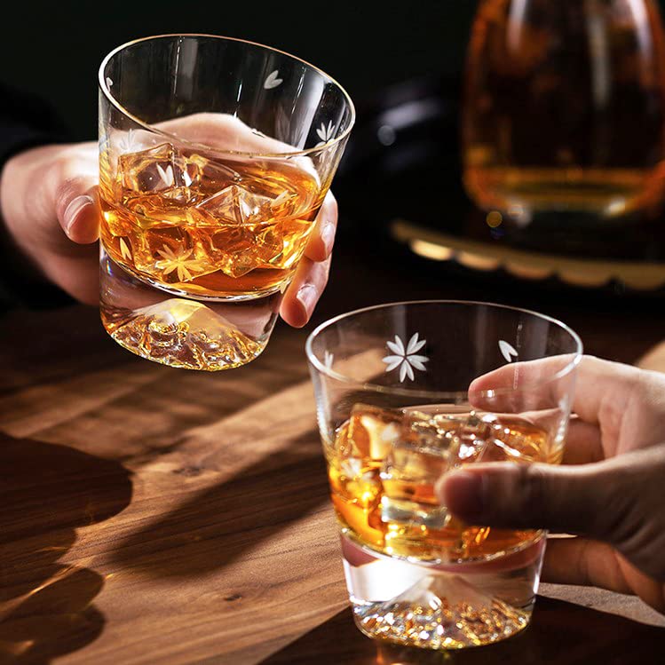 Mount Fuji rocks glass with Sakura Kiriko Comes in a paulownia wood Perfect for or Stylish and perfect as a gift for or 60th 270cc High-quality,