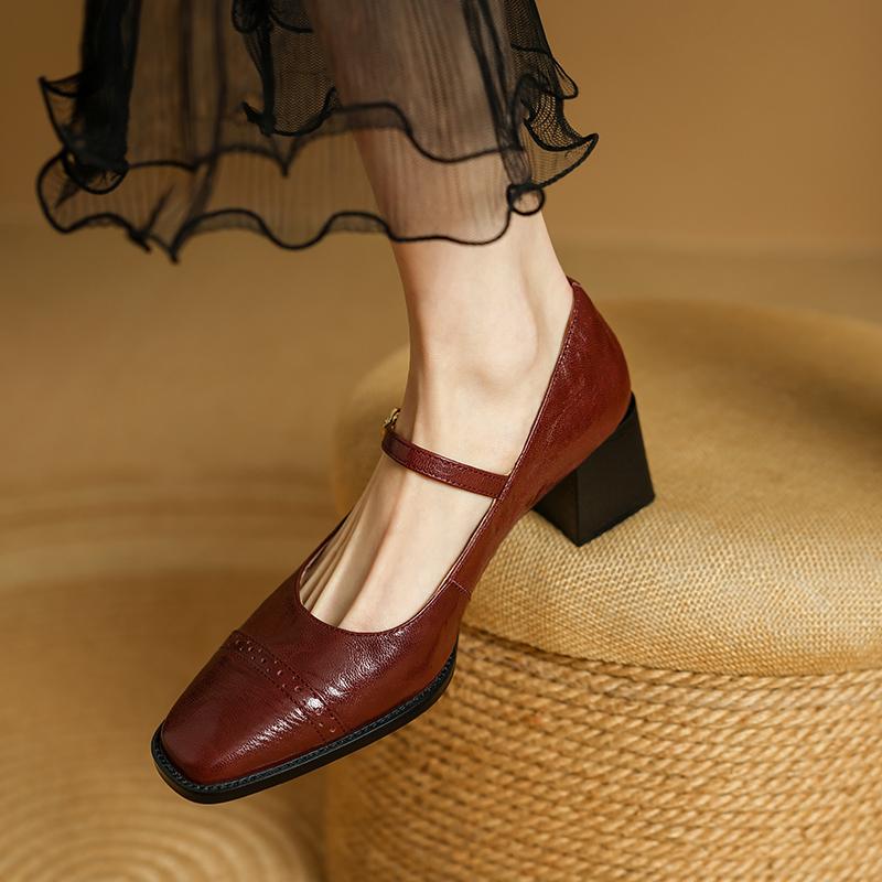 Fashion 2025 New Cow Leather Women Dress Shoes Chunky Heel Retro Mary Janes Shoes Shallow Round Toe Pumps Ankle Strap Ladies Office Shoe