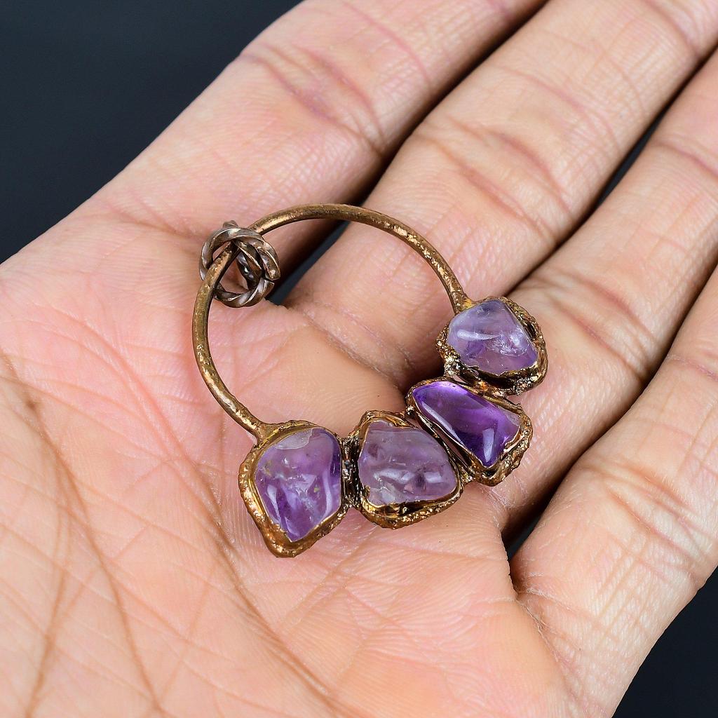 Wisiorek z ametystu, biżuteria z kamieni szlachetnych, wisiorek elektroformowany z miedzi, prezent dla kobiet, ręcznie robiony wisiorek