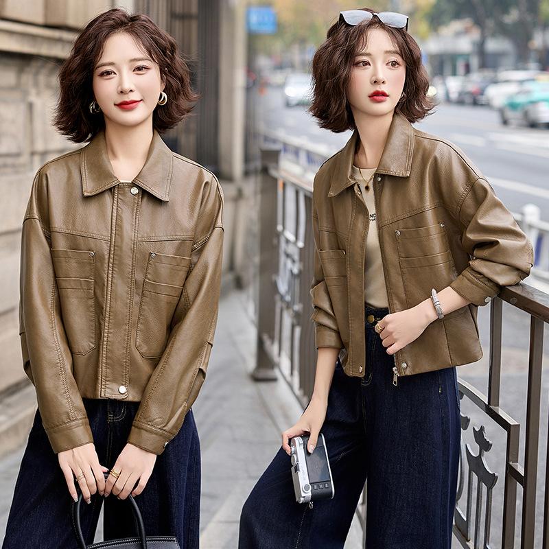 Fashion casual leather jacket women's spring and autumn new small design loose short jacket top