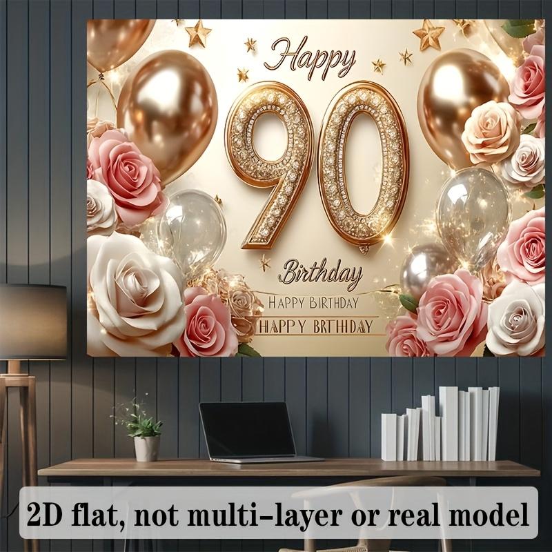 2D Flat 1 90th Birthday Party Polyester Background - Elegant Gold and Pink Balloons Rose Design Birthday Party Decoration