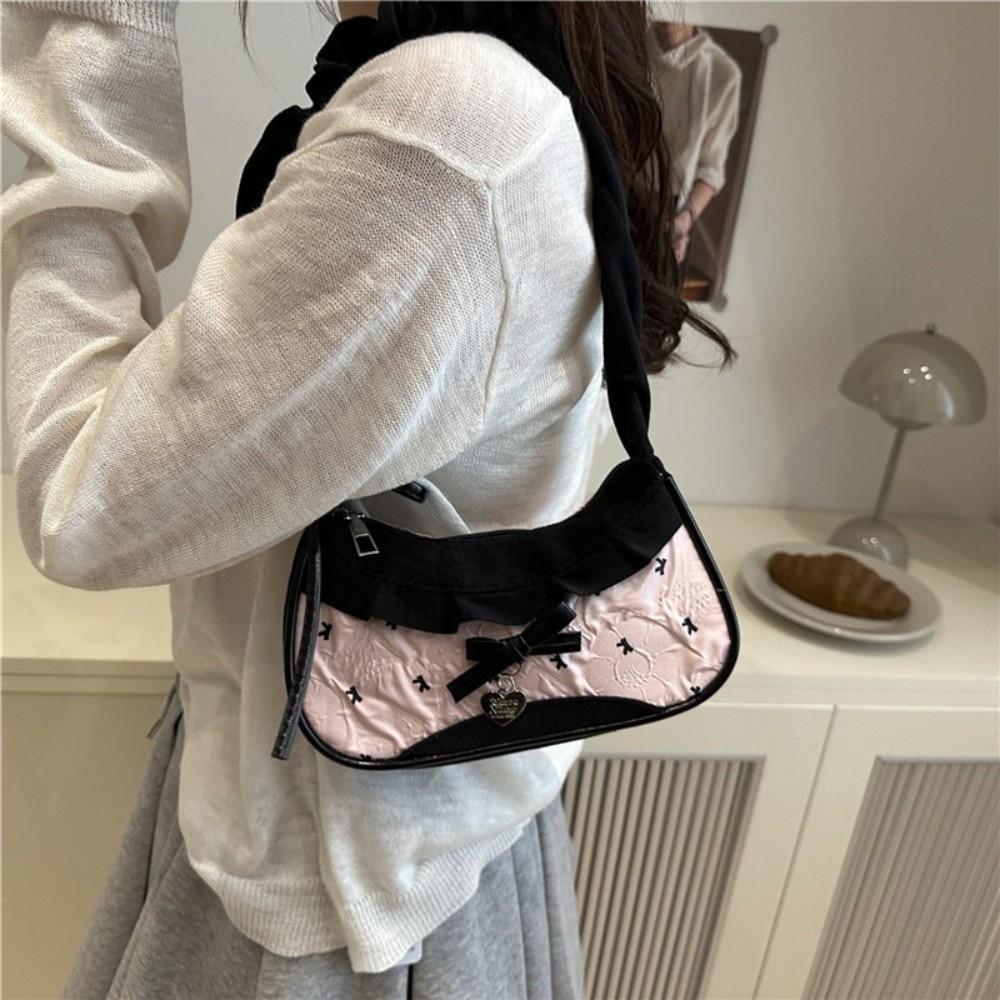 Korean Style Bow Shoulder Bag Pink Crossbody Bag Sweet Underarm Handbag Outdoor