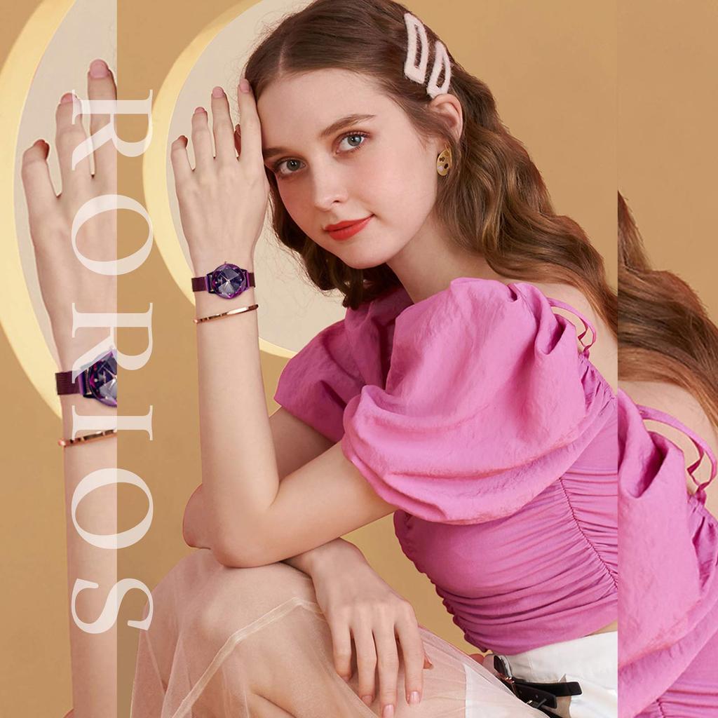 RORIOS Sternenhimmel Uhr Glitzer Quarz Uhr Belüftung Magnetisches Mesh Armband Analoguhr Weihnachtsgeschenk Geschenk Uhr für Frauen Lila Damen