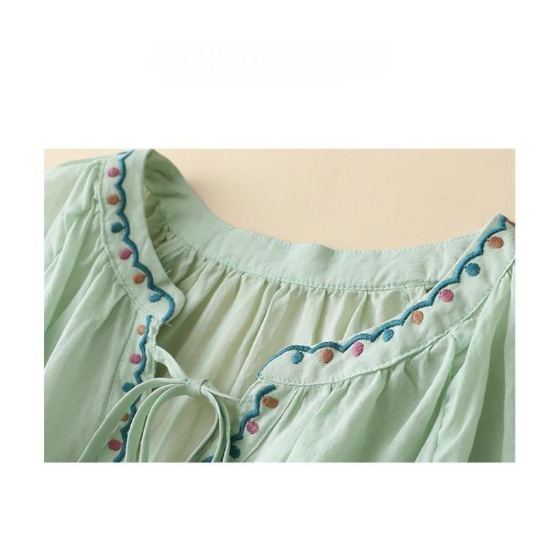 New Embroidered V-neck Summer Women Blosue Short Sleeve Loose T-shirt Ladies Sweet Solid Color Lace-up Shirts Office Clothing