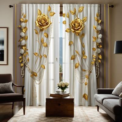 2 piezas Cortina decorativa HD oro rosa Cortina blanca con lazo estampada digitalmente Decoración estilo decoración hogar sala de estar dormitorio r