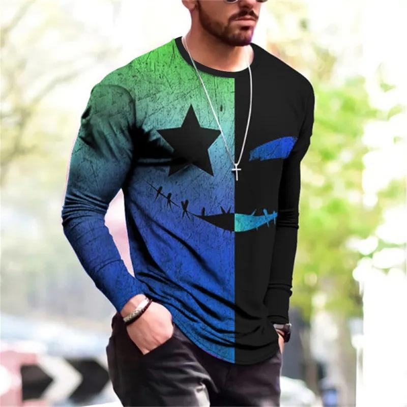 Modny Wzór Europejski T-shirt z Długim Rękawem Dla Mężczyzn Casualowy Jesienny Trend Top Okrągły Dekolt T-shirt Odzież