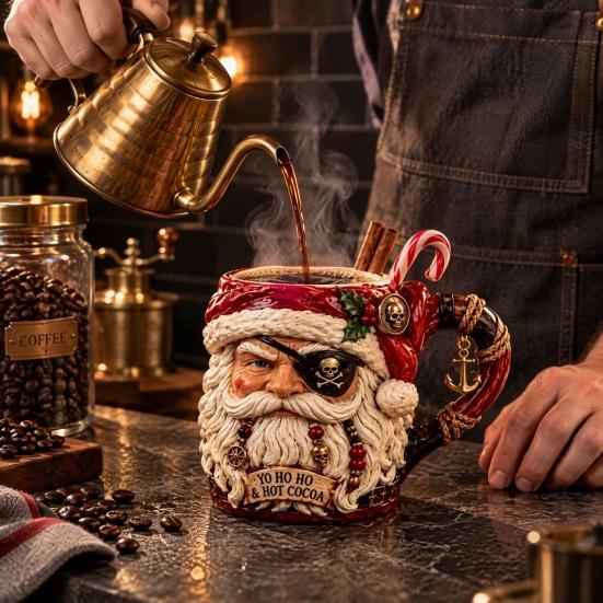 Decorative Cauldron Mug for Fans 3D Dark Christmas Santa Mug, Ugly Design Ceramic Coffee Cup with Gothic Horror Style Travel Handle, Novelty