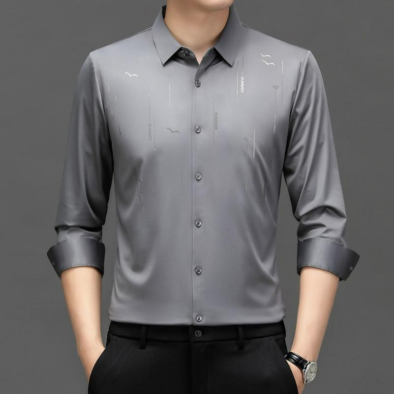 

Men s Long-sleeved Shirt Seagull Print Spring and Autumn Fashion Stretch Seamless Non-iron Casual Shirt Men 4XL сірий