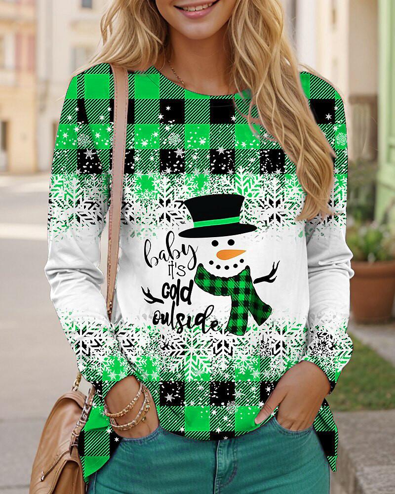Christmas Snowman Pattern Women Fashion T-Shirts Autumn Winter Long Sleeve 3d Print Plaid Street Christmas Ladies Tee