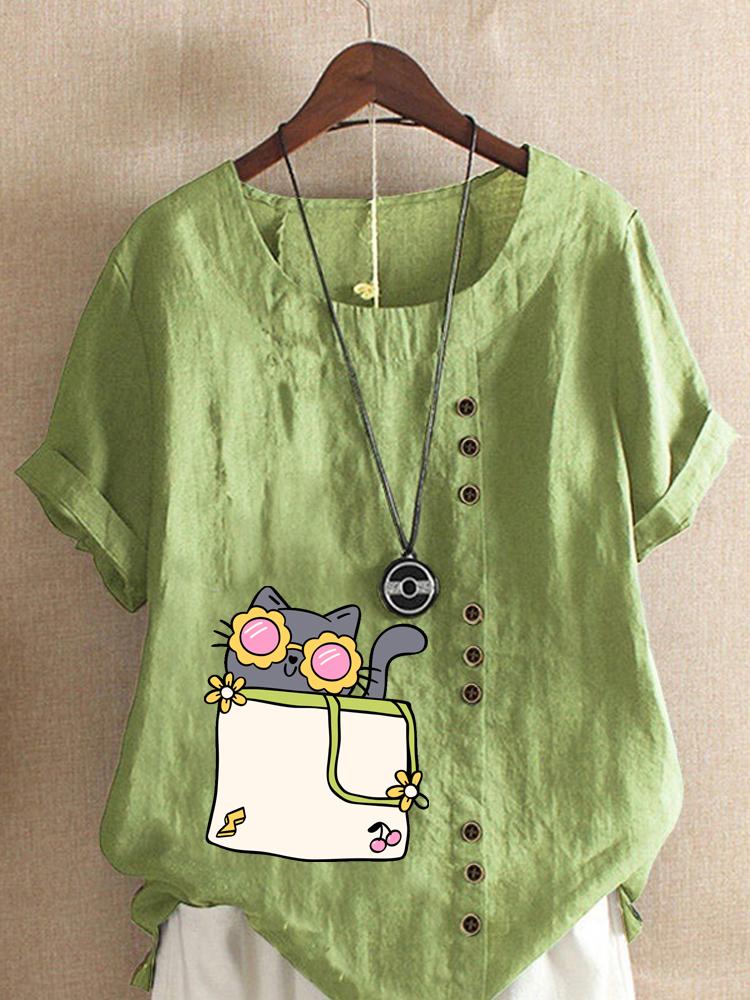 Women's Fashion Cat Print Casual Cotton Linen Short Sleeve Round Neck T-shirt Shirt Leisure Loose Summer Blouse Tops