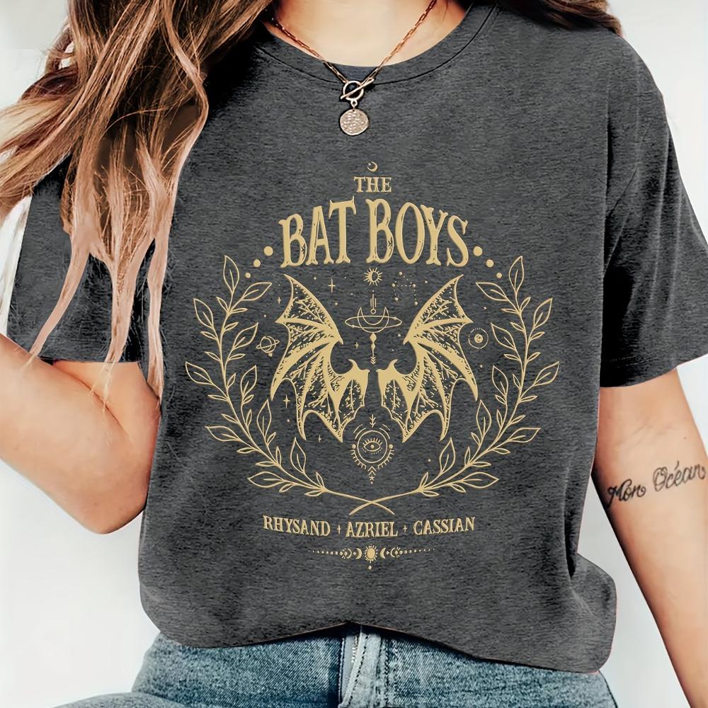 WomenS VintageInspired BAT Graphic Tee Soft Stretchy Round Neck Short Sleeve TShirt with Dragon Wings Floral Design Casual S