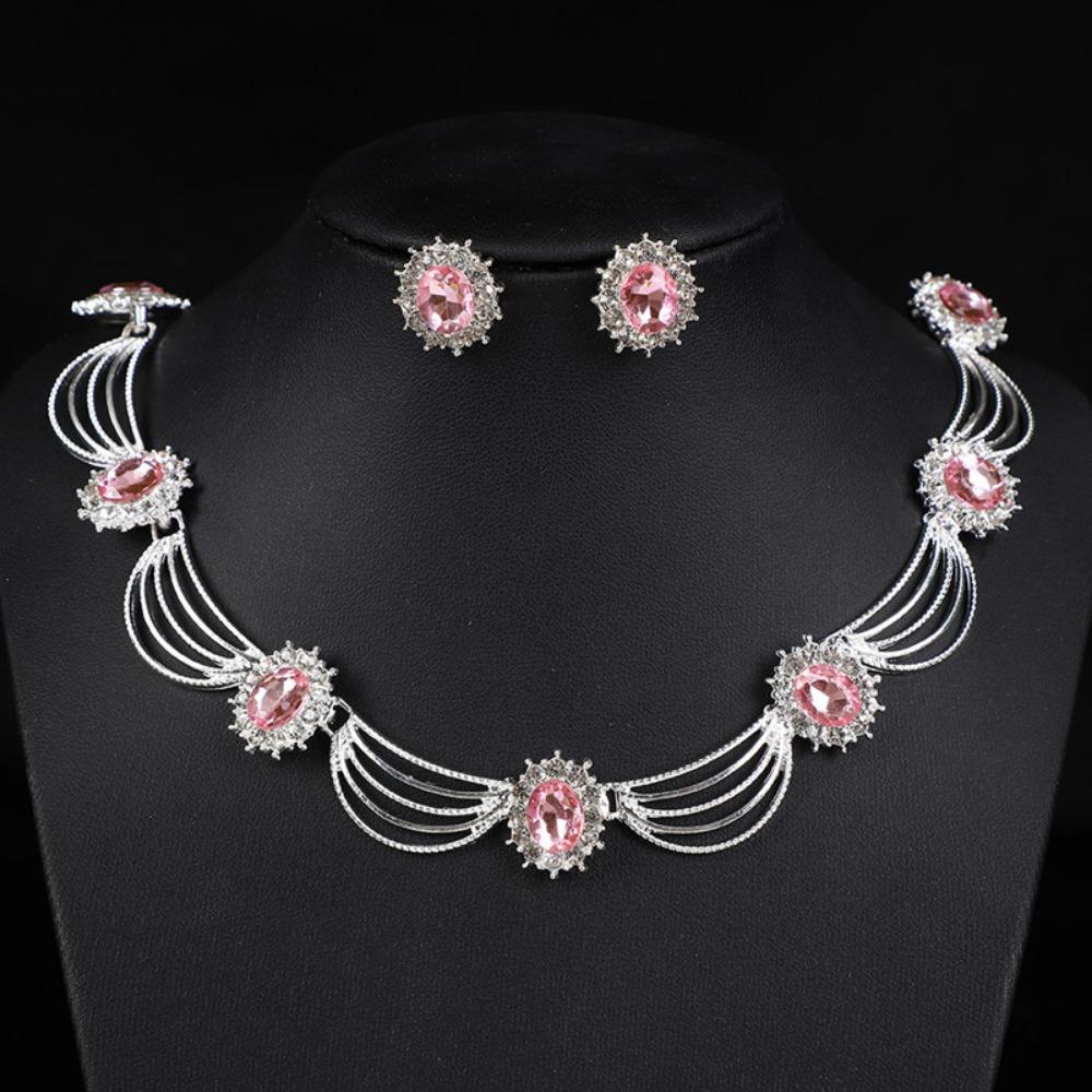 Gold-Tone Gemstone Necklace Set Geometric Statement Jewelry Set Earring Matching Set  Women