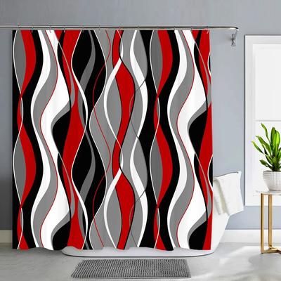 Cortina de Ducha Negra y Gris, Decoración Moderna Abstracta para Baño Blanco Grisáceo, Cortinas de Ducha de Tela Texturizada con Tejido Waffle con Ganchos
