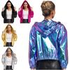 Holografische Clubwear Jacke für Damen S-4XL, Funkelnder Metallischer Kurzer Kapuzenmantel mit Langem Ärmel & Reißverschluss