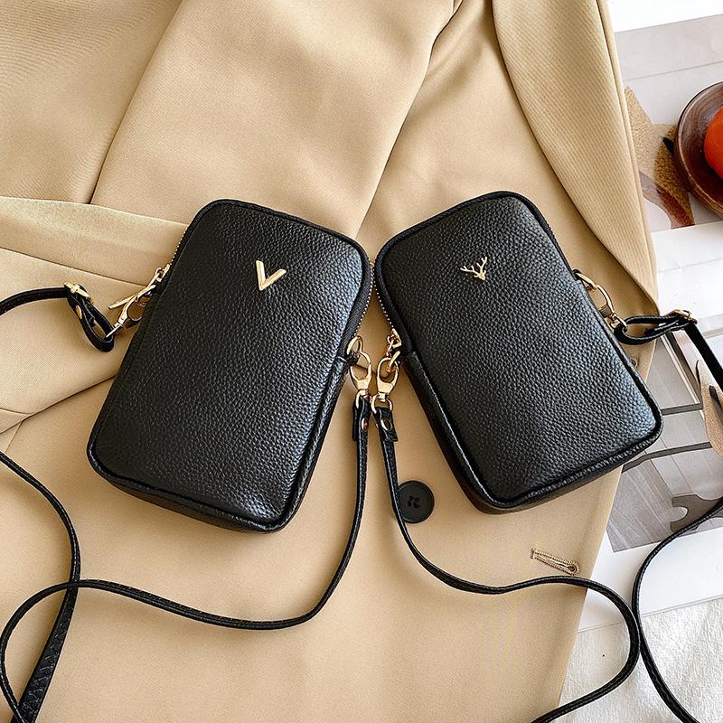 New Women Purses Solid Color Genuine Leather Shoulder Strap Bag Mobile Phone Bag Card Holders Wallet Black Cowhide Handbag
