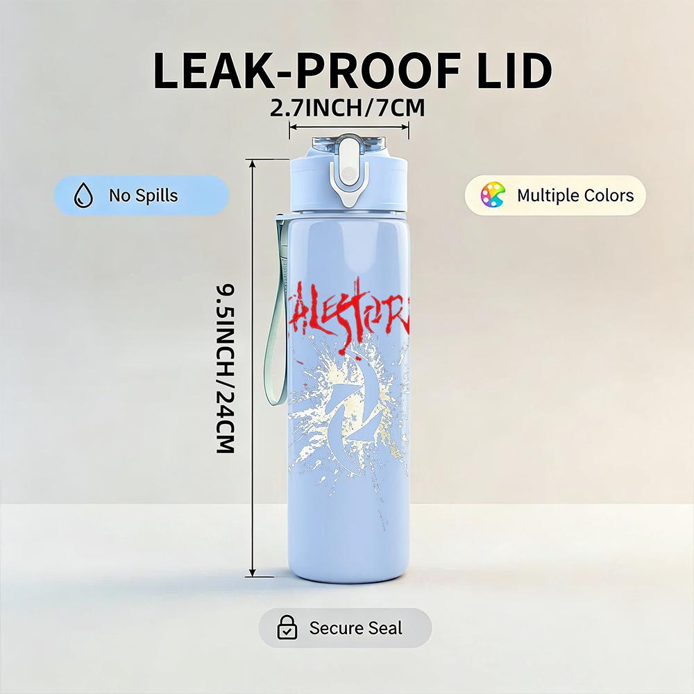 1PC Faint vintage band sketch print 750ml colorful plastic sports water bottle leakproof pop up lid with straw for outdoor work home use