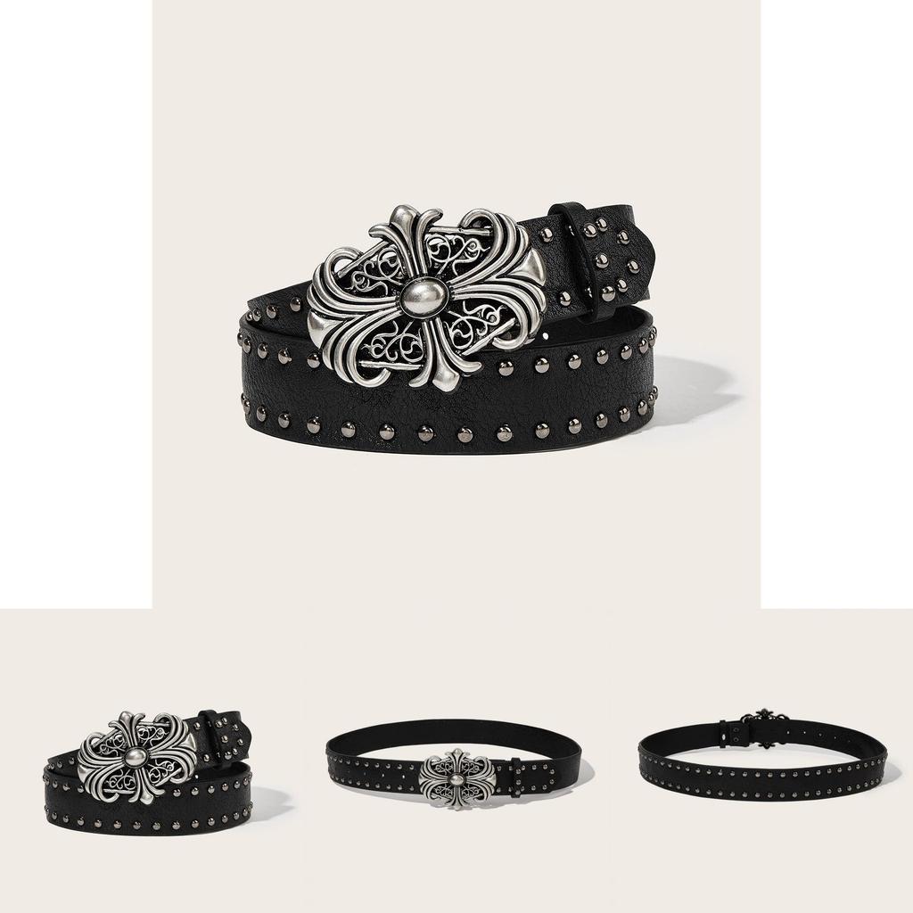 Punk Leather Belt For Men With Rivet Studs And Buckle Casual Waist Accessory For Hip Hop Style