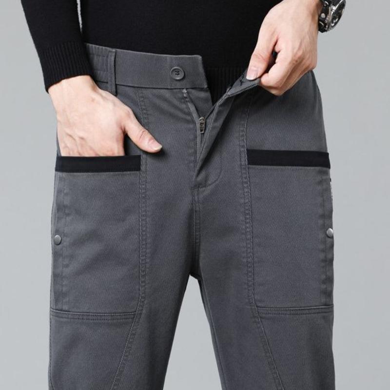 Autumn and Winter Plus Velvet Thick Cotton Elastic Casual Pants Men's Fashion Multi-bag Tooling Straight Trousers