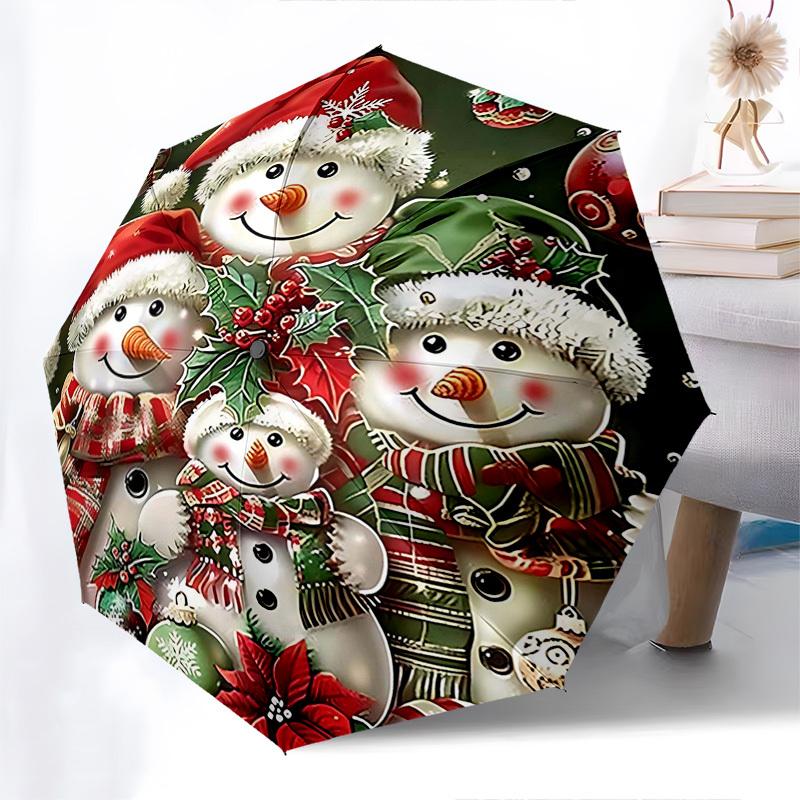 

1pc Christmas Snowman Family Auto Open Close Umbrella, Portable Tri-Fold Design with 8-Bone Iron Frame, Outdoor Umbrella, Festive Gift for Fans, Trave