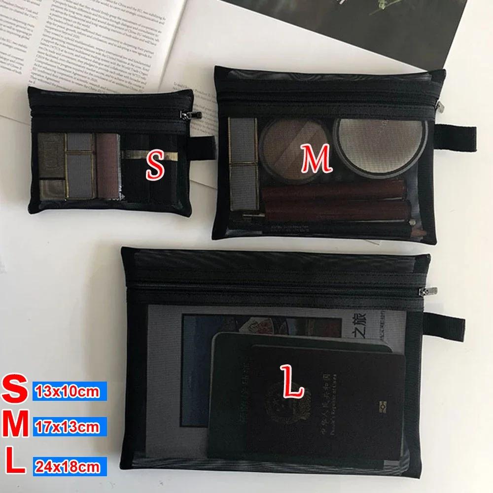 3Size Mesh Transparent Cosmetic Bags Small Large Black Makeup Bag Portable Travel Toiletry Organizer Lipstick Storage Pouch