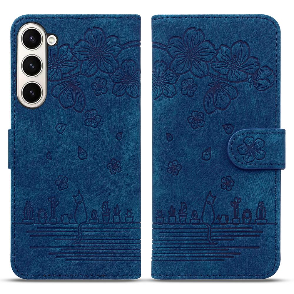

For Samsung Galaxy Z Fold7 5G Case Flip Stand Leather Phone Cover Cherry Blossom Cat Imprinted Blue