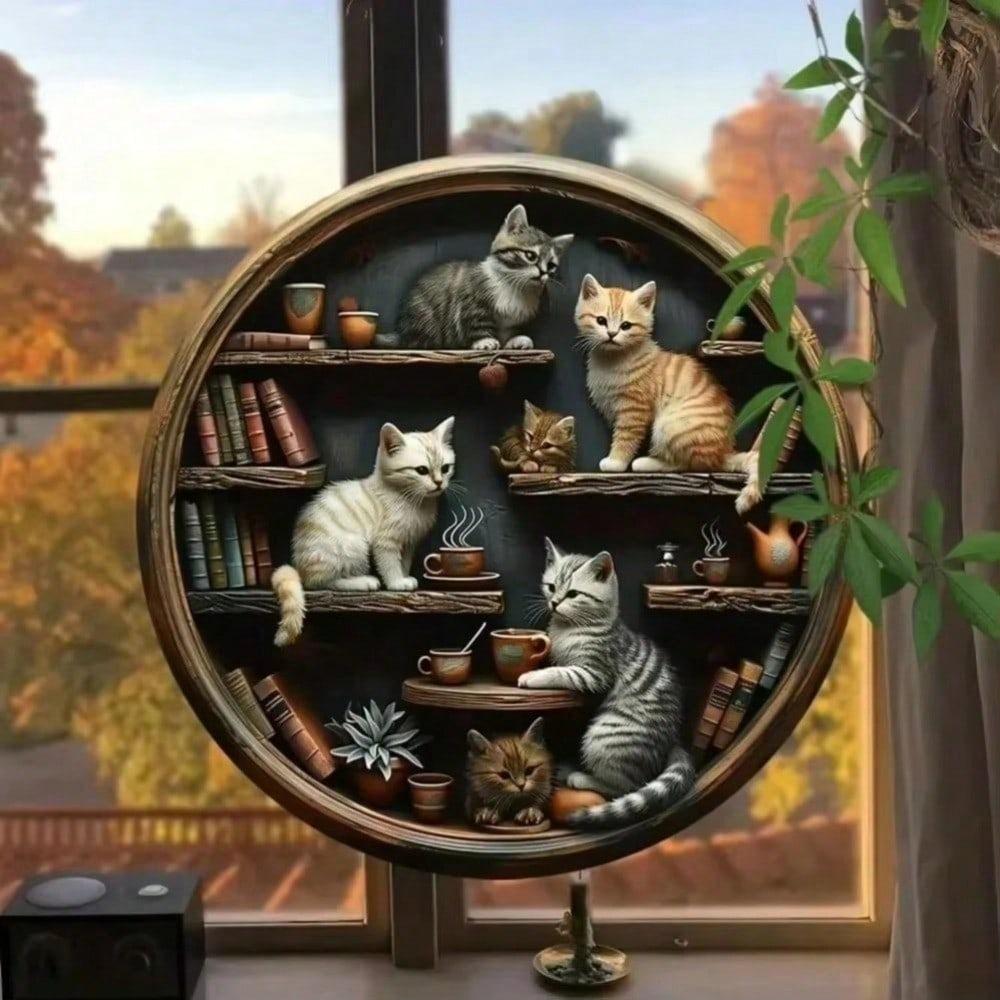 Vintage Metal Tin Sign Cat Library Retro Round Wall Art Home Decor