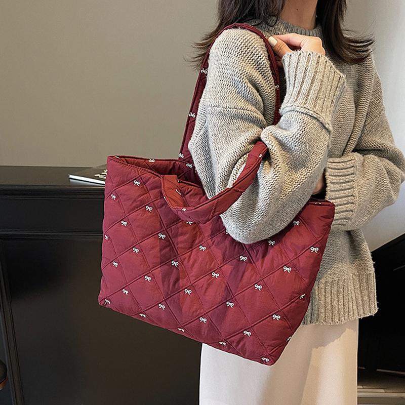 Large Capacity Shoulder Bag Cute Sweet Bow Prints Handbag Soft Puffer Tote Bag Women Commute Casual Simple Storage Bag
