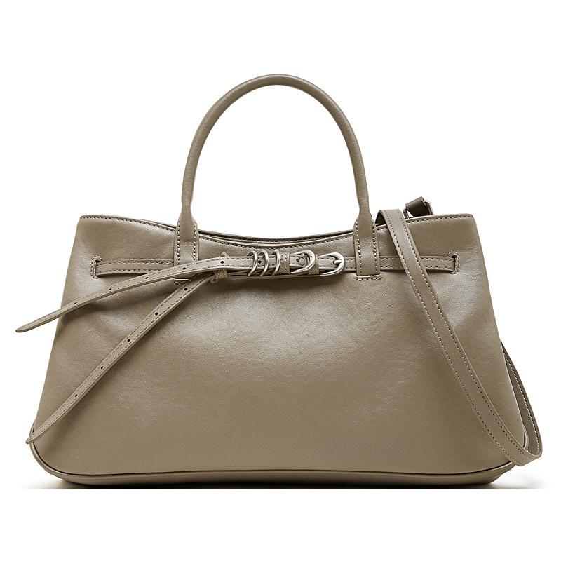 Genuine Leather: Niche Hand-held Women's Bag, Retro and Simple Belt Buckle Briefcase, Single-shoulder Crossbody Bag
