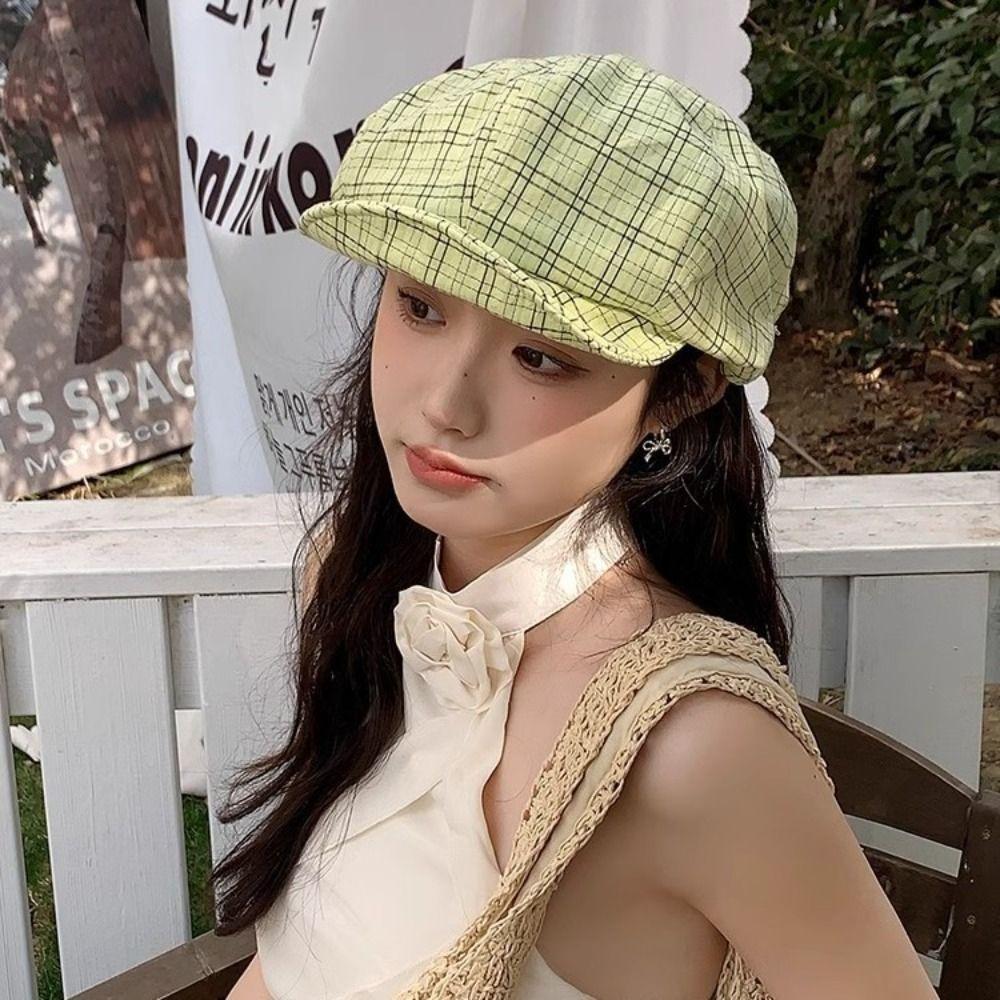 Ins Green Newsboy Caps Y2k Painter Hat Korean Plaid Cloud Berets  Outdoor