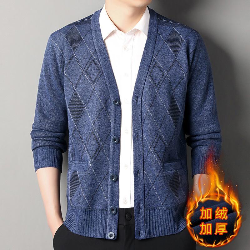 Men's Fashion Casual V Neck Sweater Coat Versatile Fleece Lined Loose Knit Plaid Cardigan Top Autumn Winter New Style