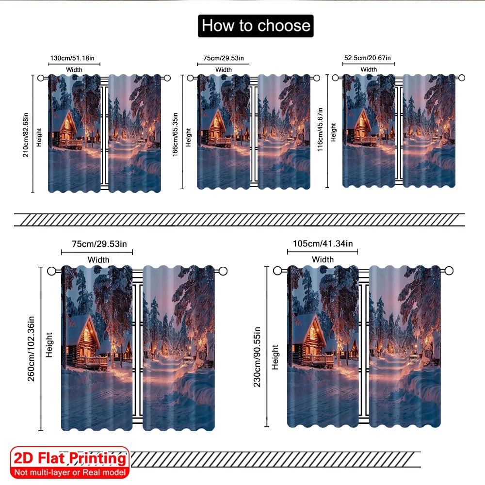 2pcs 2D flat printing Christmas Curtains Charming Snow Village Durable 100% Polyester Fabric Without Electricity Versatile Use