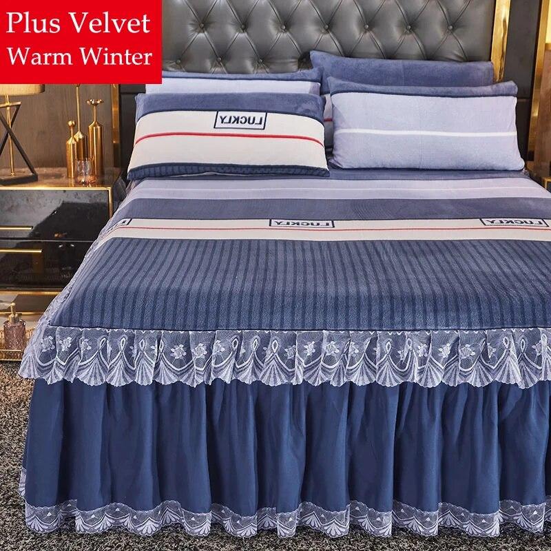 Warm Bed Skirt Crystal Velvet Thickened Bedspread Three Piece Set Flannel Bed Linens King Queen Size with Pillowcases