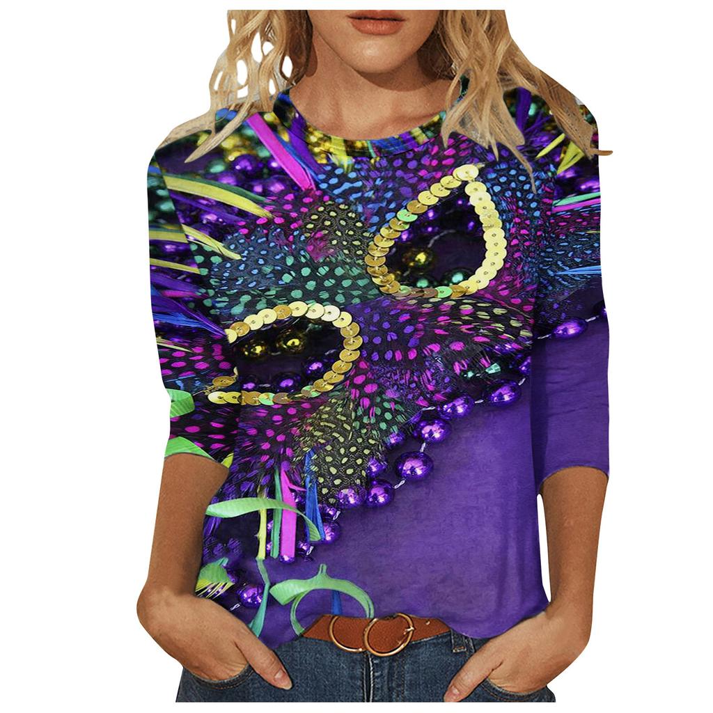 Long Sleeved Glamorous Mask Patterned Top Carnival Themed Printed Women's T-shirts